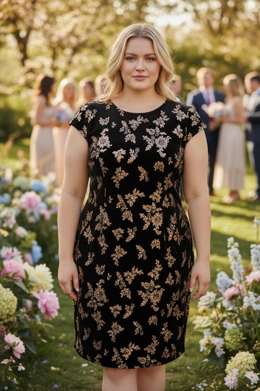 Calvin Klein Black Gold Sequin Velvet Dress Wedding Guest Cocktail